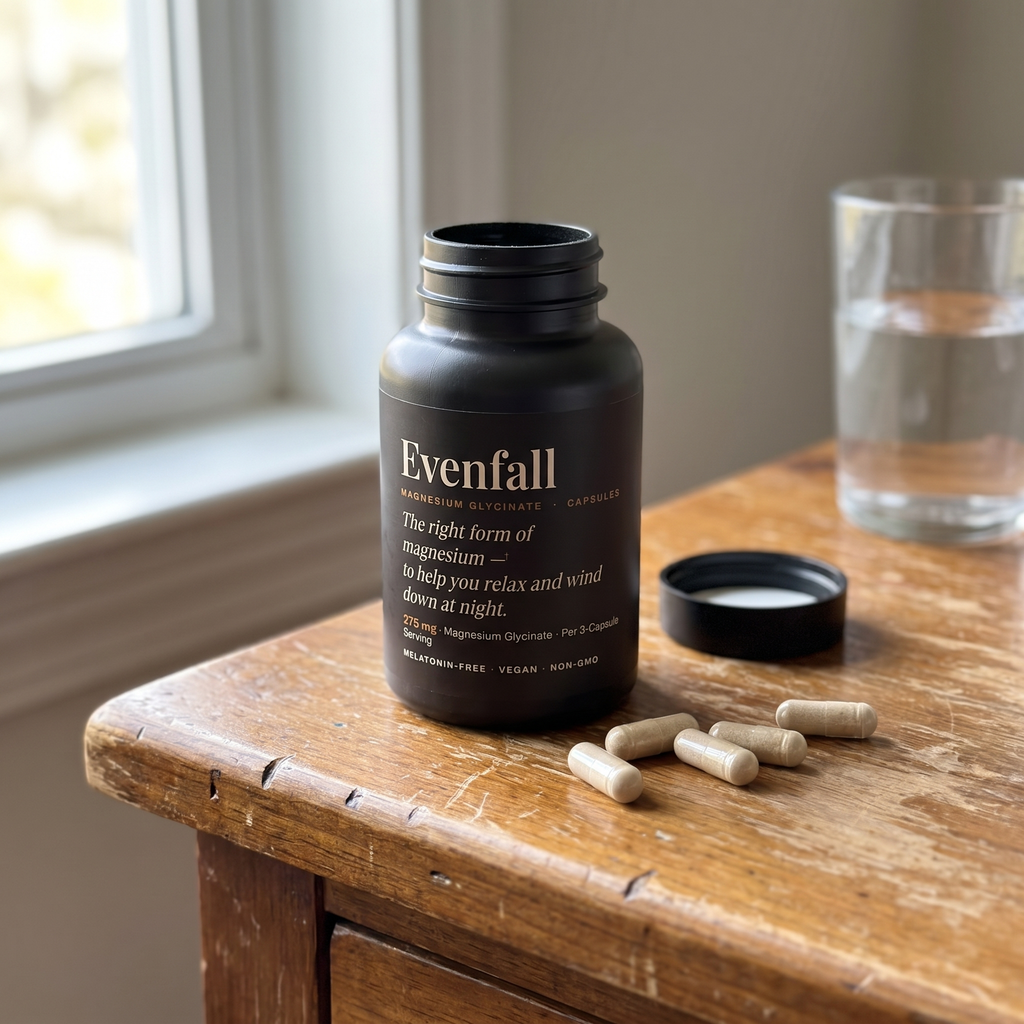 Evenfall Magnesium Glycinate — bottle and capsules on a nightstand
