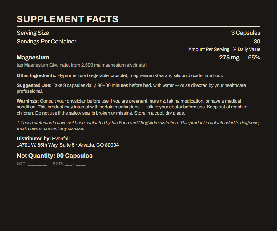 Evenfall Supplement Facts panel
