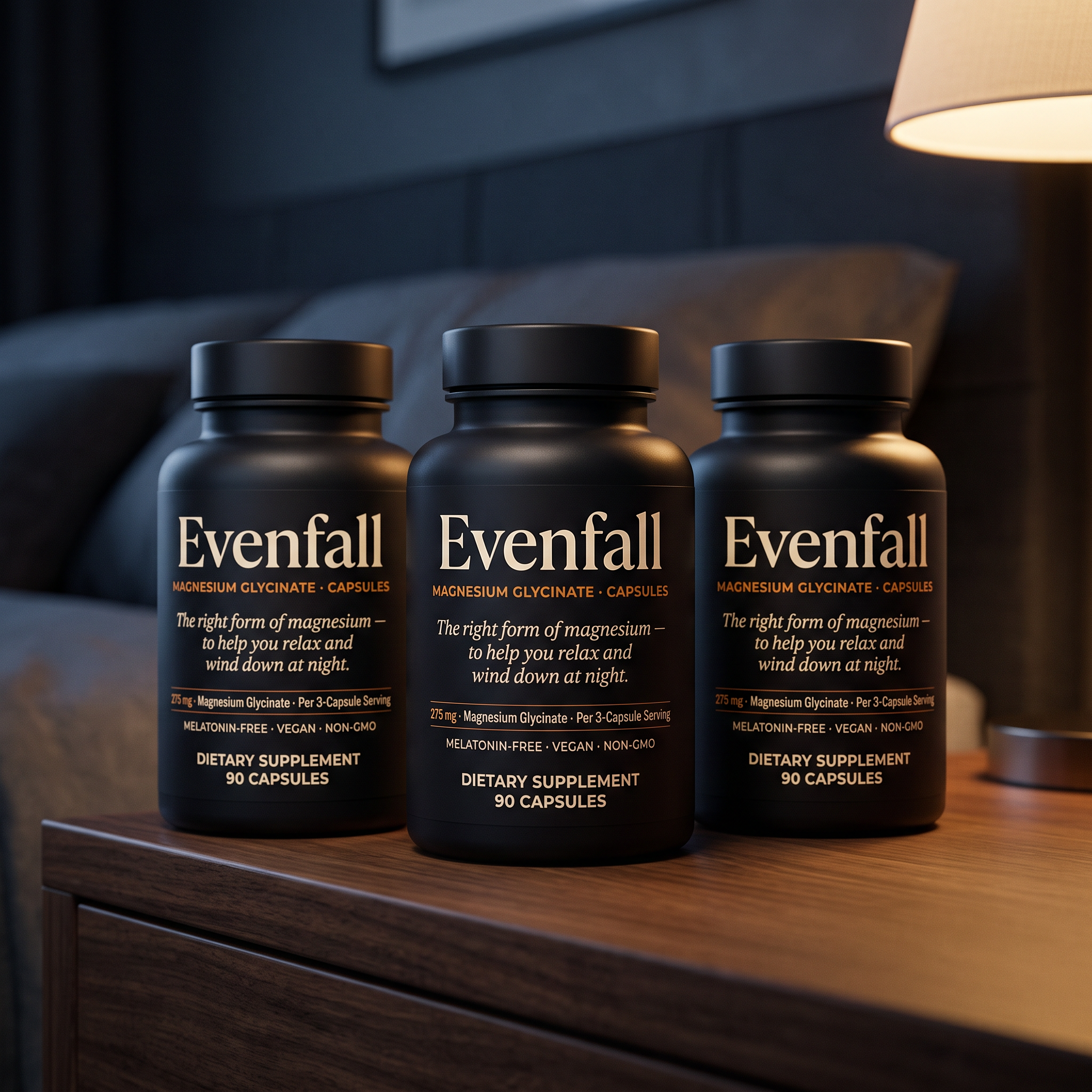 Evenfall 90-Night Reset — three bottles on a nightstand at dusk